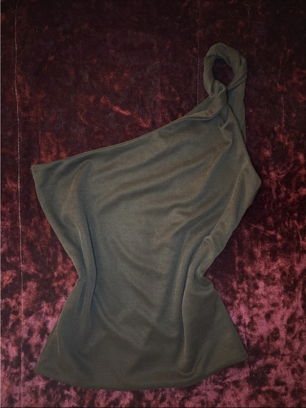 dark grey off-shoulder top with twist